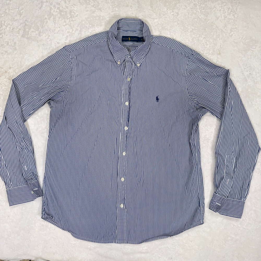 Ralph Lauren Oxford Shirt Men XL White Blue Striped Pony Long Sleeve Button Down